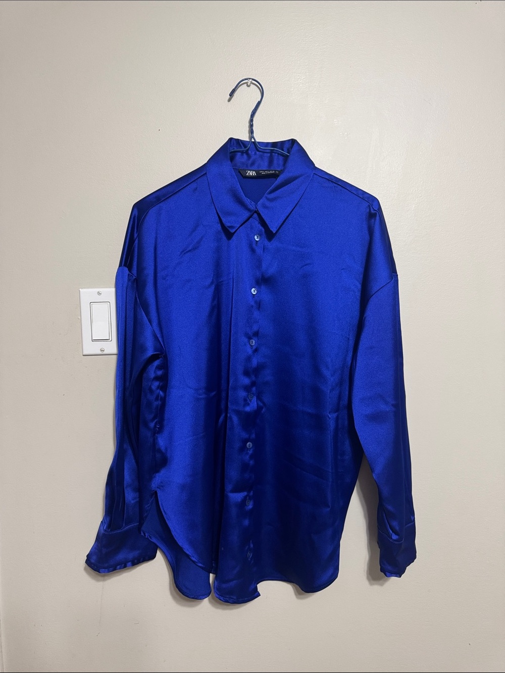 Zara women Satin Button-Up Shirt in Cobalt Blue